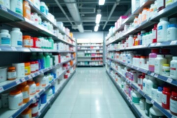 Blurred pharmacy shelves, medicine, healthcare products, care, aisle, products
