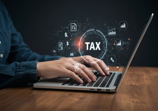 Hands typing on laptop with digital tax graphics overlay. - Powered by Adobe