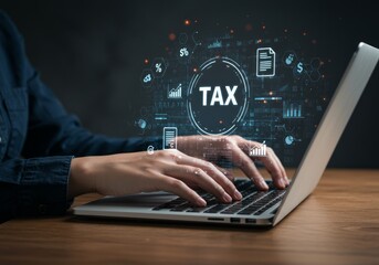 Hands typing on laptop with digital tax graphics overlay.