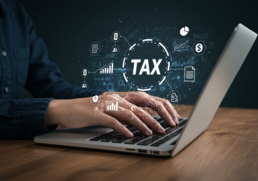 Hands typing on laptop with digital tax graphics overlay.