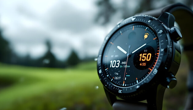 Close-up of a high-end golf watch showing swing analysis data, with a blurred golf course in the background, capturing technology and performance in the game of golf.
