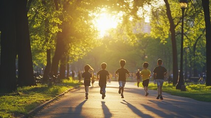 Obraz premium Children happily play running with their friends in the park