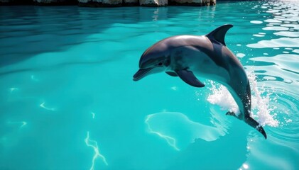 Obraz premium Dolphins leap, sleek bodies glistening, turquoise water , water, blue, wild dolphins