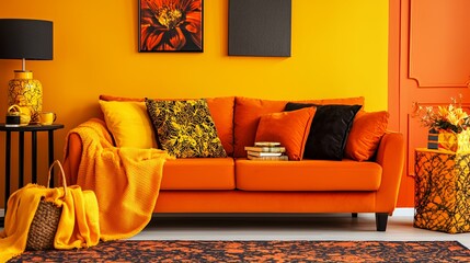 Vibrant Orange Living Room Decor with Yellow and Black Accents