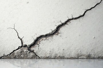 Fototapeta premium A large diagonal crack in a light-grey surface, extending to a body of still water