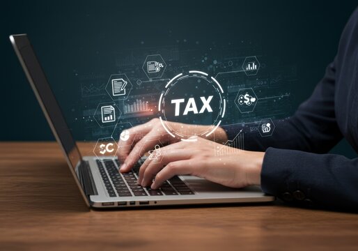 Hands typing on laptop with digital tax graphics overlay.
