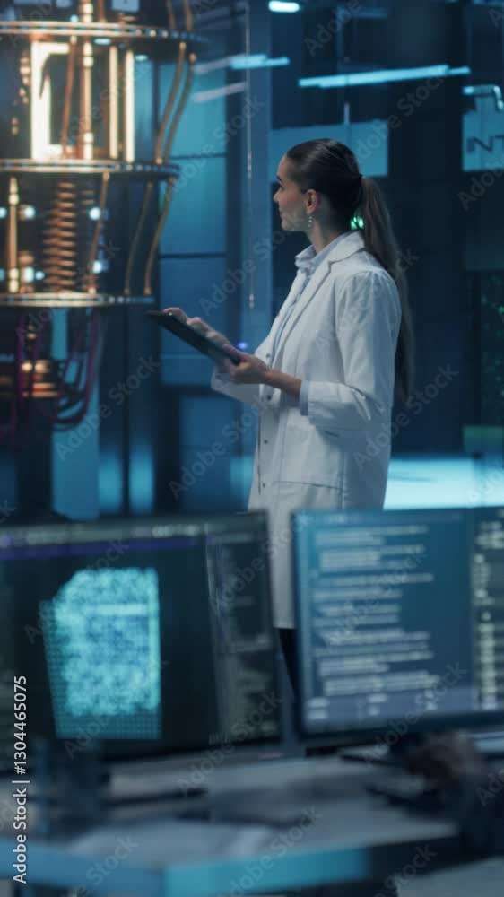 Poster vertical screen: team of engineers working in a technological research center with ai data and softw