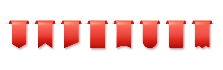 Red ribbon tags isolated. Sales promotion banners for online shopping. Promotional sale banners, stickers, and labels for discounts and offers. PNG