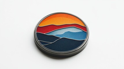 A sleek, metallic pin badge mockup rests on a pristine white background, its design featuring a stylized illustration of a cityscape or a vibrant abstract pattern.
