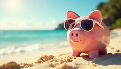 Piggy bank in sunglasses on sandy beach, enjoying sun , relaxation, escape, sunglasses