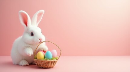 adorable white easter rabbit with colorful easter eggs on purple and pink spring background. mockup