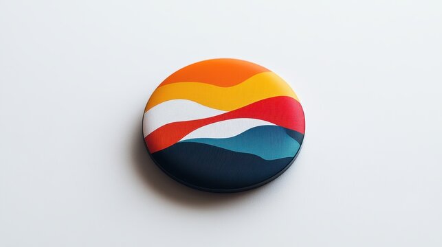 A sleek, metallic pin badge mockup rests on a pristine white background, its design featuring a stylized illustration of a cityscape or a vibrant abstract pattern.