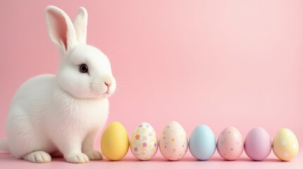 Fototapeta premium adorable white easter rabbit with colorful easter eggs on purple and pink spring background. mockup