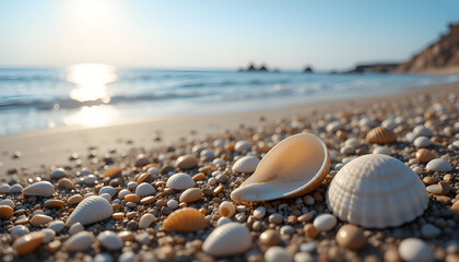 Obraz premium shell on the beach. casting a tender glow upon tranquil ripples of sea 