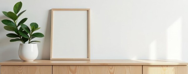 Simple frame on light wood cabinet, minimalist Scandi style, living room, Scandinavian, texture