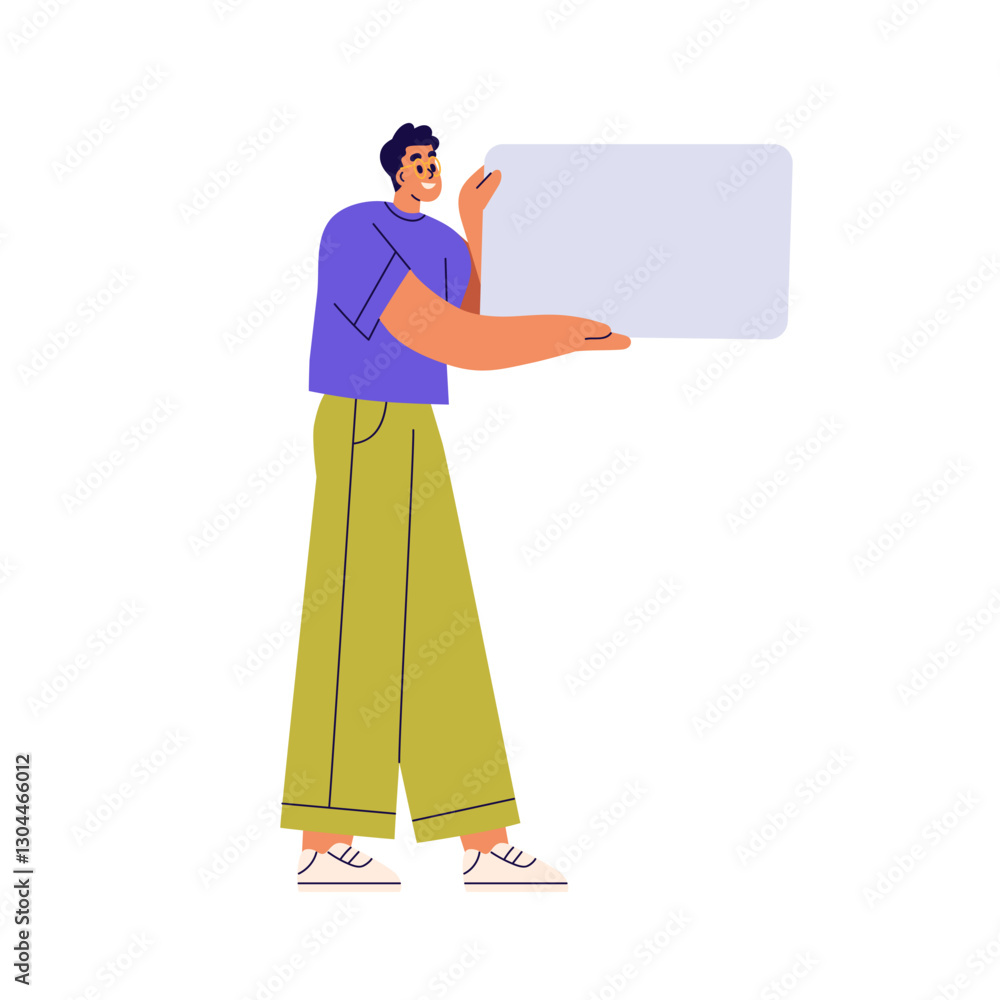 Poster man holding blank sign board. happy character presenting empty placard, advertising banner for messa