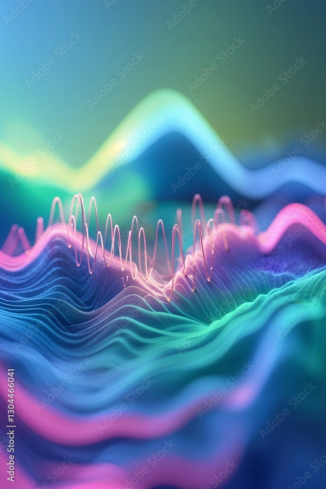 Poster colorful wave patterns created by sound frequencies in a digital landscape design