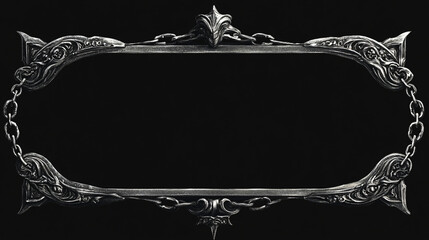 Elaborate silver frame with floral patterns and chains on dark background  
