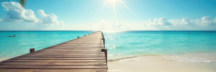 Obraz premium Sunny beach, wooden pontoon extending over calm water, resort, scenery, summer vacation