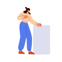Woman pointing at blank placard in hand. Happy female standing, showing, advertising empty sign board, poster, clean banner, promotion card. Flat vector illustration isolated on white background