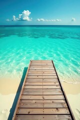 Fototapeta premium Wooden pontoon on sandy beach, turquoise water, ocean, tranquil, escape