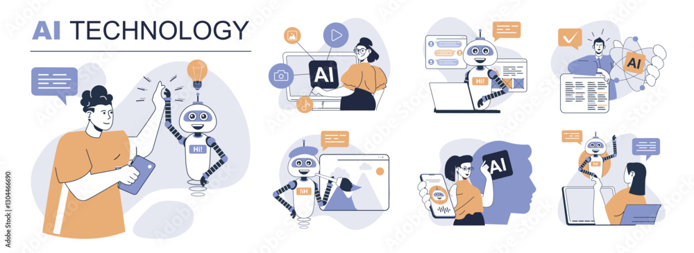 Fototapete AI technology concept set in flat web design. People in isolated scenes using artificial intelligence chatbot, virtual assistant helping, image generation, smart data analysis. Vector illustrations.