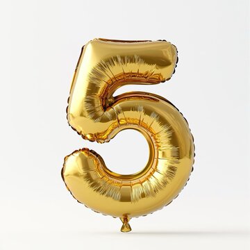 Palloncino d'orato con la forma del numero cinque, perfetto per decorazioni festive e eventi speciali. Sfondo bianco trasparente