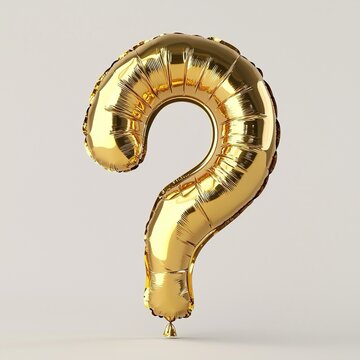 Un palloncino con la forma del punto interrogativo "?" in lamina d'oro lucido, sfondo bianco perfetto