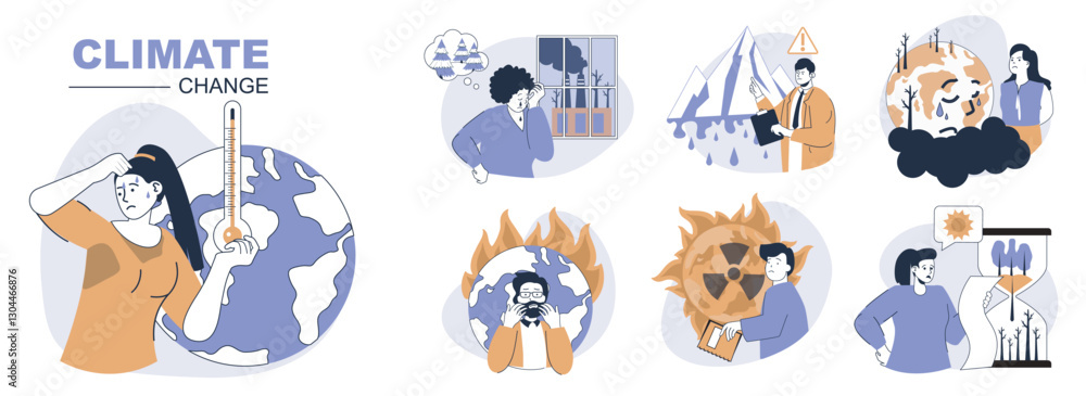 Poster climate change concept set in flat web design. people in isolated scenes suffering from hot temperat