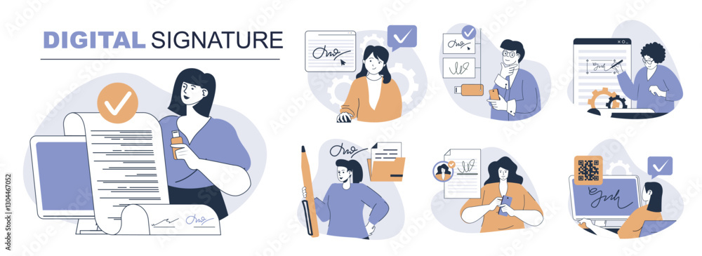 Poster Digital signature concept set in flat web design. People in isolated scenes signing legal documents with electronic identification certificate with verification technology. Vector illustrations.