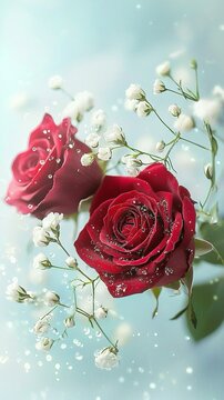 Poster romantico con due bellissime rose rosse riprese in primo piano e rami di gipsofila bianca su uno sfondo azzurro pastello