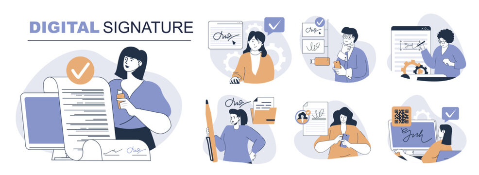 Digital signature concept set in flat web design. People in isolated scenes signing legal documents with electronic identification certificate with verification technology. Vector illustrations.