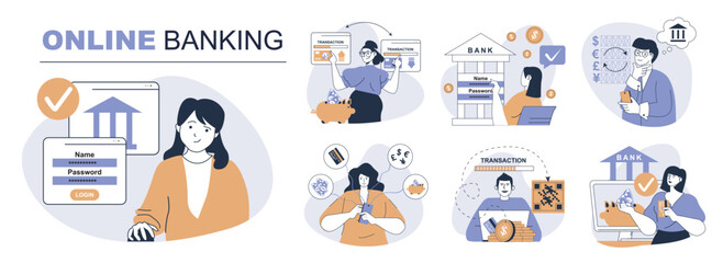 Online banking concept set in flat web design. People in isolated scenes managing financial accounts, controlling money at credit cards, transferring and exchange currency. Vector illustrations.