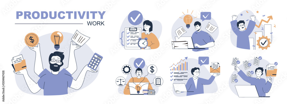 Poster Productivity work concept set in flat web design. People in isolated scenes planning and organizing schedule lists, complete doing work tasks, multitasking and workflow process. Vector illustrations.