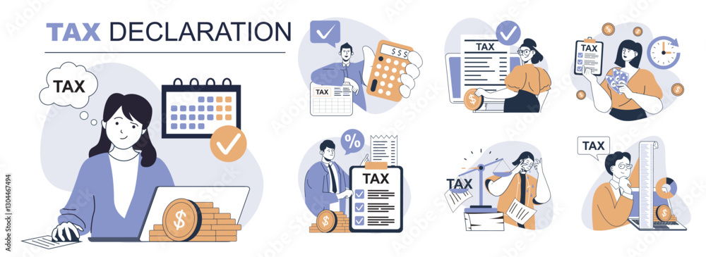 Poster Tax declaration concept set in flat web design. People in isolated scenes calculating income earning, preparing documents for online payments, filling declaration form online. Vector illustrations.