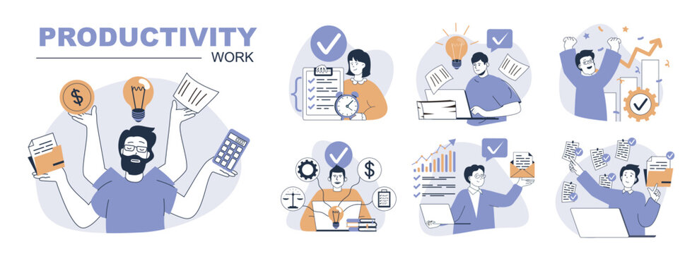 Productivity work concept set in flat web design. People in isolated scenes planning and organizing schedule lists, complete doing work tasks, multitasking and workflow process. Vector illustrations.