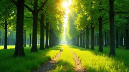 Obraz premium Serene Sunlit Path Through Lush Green Canopy of Trees in a Tranquil Forest
