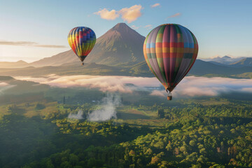 Fototapeta premium Colorful Hot Air Balloons Flying Over Dramatic Volcanic Highland Landscape During Golden Sunrise with Mountain Peaks