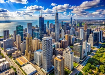 Fototapeta premium Chicago Skyline Aerial View: Stunning Downtown Architecture and Cityscape