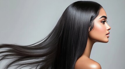 a woman with long, shiny black hair and smooth skin, against a gray backdrop.