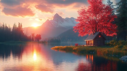 Fototapeta premium Serene autumn lake sunset reflects warm light on cabin near majestic mountains. AI Generated