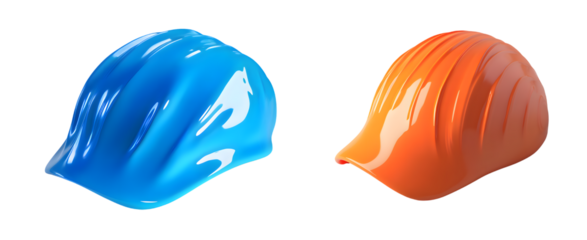 Vibrant Blue and Orange Construction Helmets Isolated on White Background