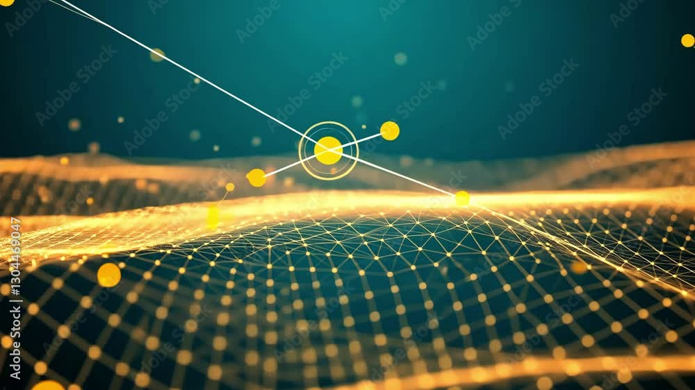 Aufkleber intricate golden wave grid with glowing nodes and lines on a teal digital surface