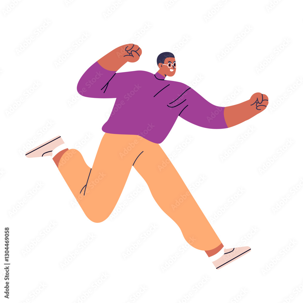 Poster man running fast, rushing forward with ambition, chasing goal with angry face expression. irritated 