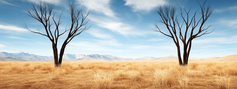 Two Leafless Trees in a Golden Field Under a Partly Cloudy Sky