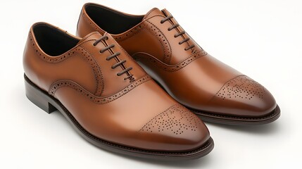 Fototapeta premium Elegant Brown Leather Dress Shoes with Wingtip Design and Laces