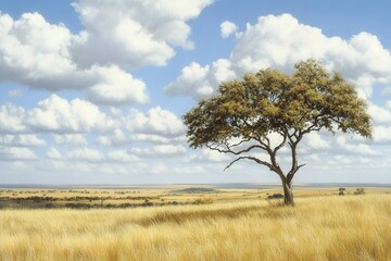 Fototapeta premium Serene Landscape with Isolated Tree Under Blue Sky and Clouds