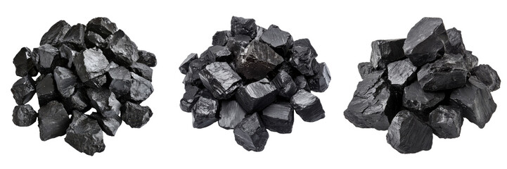 A Set of Natural Raw Coal Chunks Neatly Stacked for Industrial Use Isolated on Transparent Background