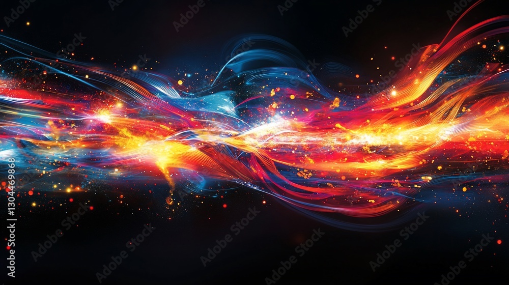 Aufkleber abstract glowing wavy lines with scattered particles on dark background for design