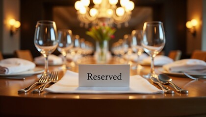 Elegant dining table set for a special event with a reserved sign in a luxurious restaurant